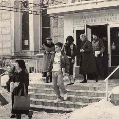 A photo view of people leaving Pickard Theater.