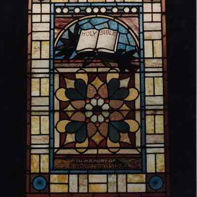 A photo view of a stained glass window. 6/9/1989.