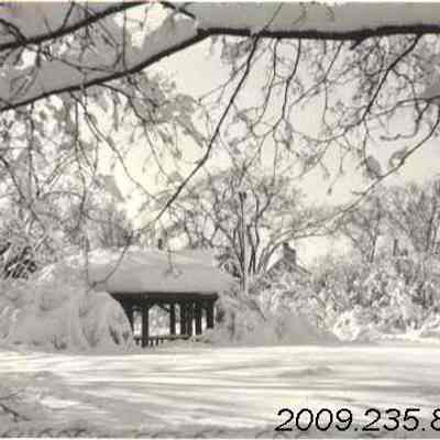 A photo of a winter scene behind the Library.