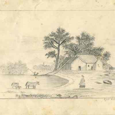 Pencil Sketch, Barnyard Scene