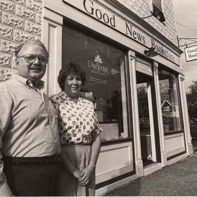 A photo view of a couple in front of a bookstore. 10/7/1992.