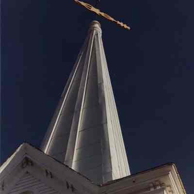 A photo view of the steeple at the former United Methodist Church. 12/8/1989.