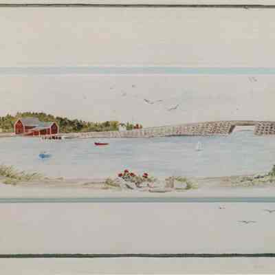 A photo view of a painting of the Cribstone Bridge.