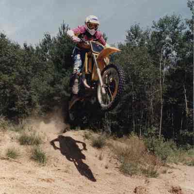 A photo view of Jeffrey Lazott riding a dirt bike. 7/16/1991.