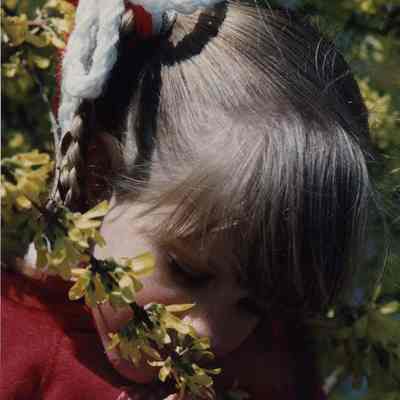 A photo view of a little girl smelling some flowers. 5/11/1989.