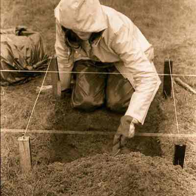 A negative photo view of an archeological dig. 5/1979.
