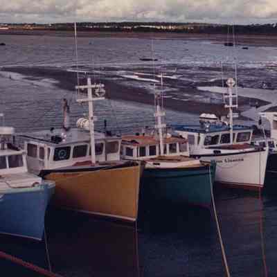 A photo view of boats tied up to a dock. 10/9/1990.