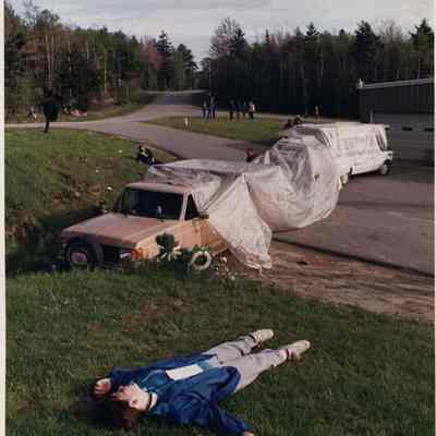 A photo view of a car wreck scene set up for training. 5/5/1990.