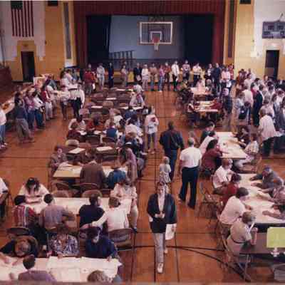 A photo view of students lined up for job interviews. 10/11/1991.