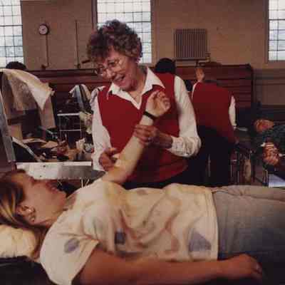 A photo view of blood donation. 2/3/1987.