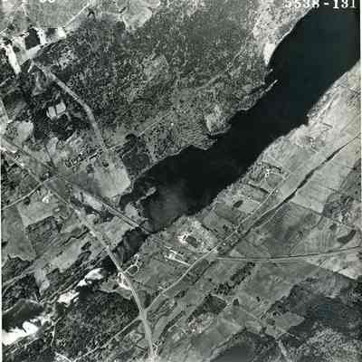 A B/W aerial photograph of an area New Meadows River.