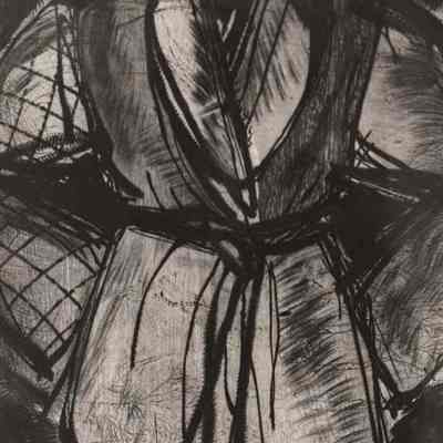 A photo view of a drawing of a woman's dress. 10/15/1992.