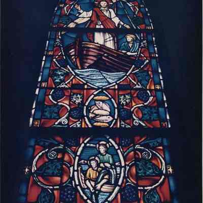 A photo view of a stained glass window. 10/28/1988.