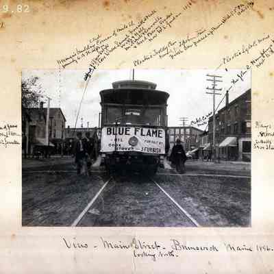 A photo of a trolley car on Maine Street, Brunswick.