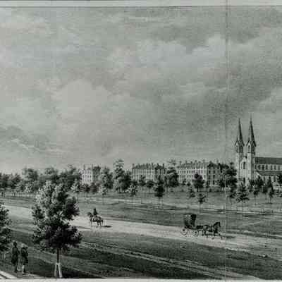 An etching of Bowdoin Campus. c. 1855.