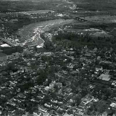 An aerial photo of Maine Street and the Cabot Mill. c. 1940