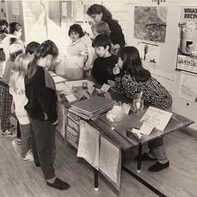 A photo view of a recycling display. 11/9/1992.