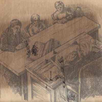A photo view of print of a pen and ink drawing by D. B. Jaquith.