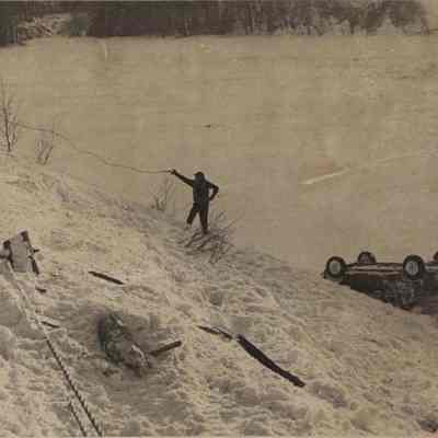A photo view of an auto accident on Greta Island. 1/24/1978.