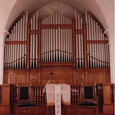 A photo view of the organ at the United Baptist Church. 6/2/1989.