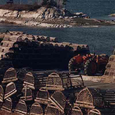 A photo view of lobster traps piled at Harpswell.