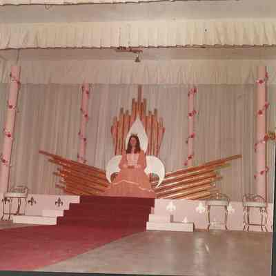 1974-75 Brunswick Teen Queen Debra Jellison sitting on the Coronation Set