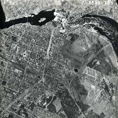 An aerial photograph of downtown Brunswick. 5/4/1953.
