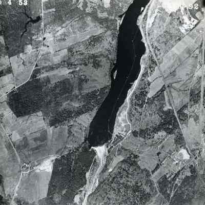 An aerial photo of the Pejepscot Dam. 5/4/1953.