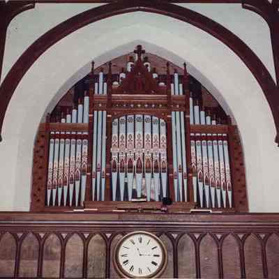 A photo view of the organ in the First Parish Church. 3/2/1990.