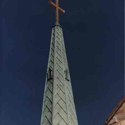 A photo view of the steeple at St. John's Church. 10/27/1989.