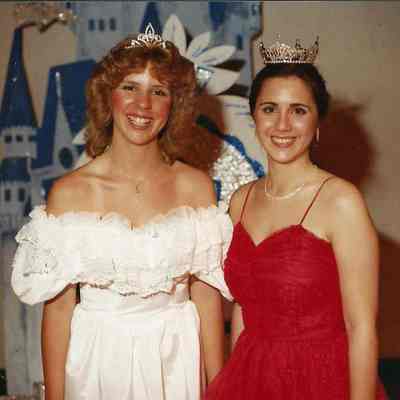 A color photograph of the outgoing Teen Queen Kathy Walters and Miss Brunswick Kristi Kaknes.