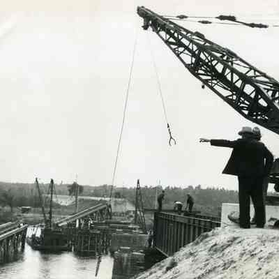 Repairs Underway to Railroad Bridge, 1936 Flood
