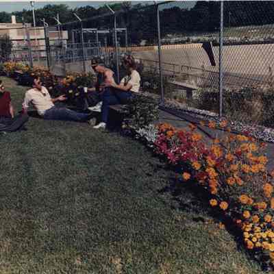 A photo view of a group of people sitting amongst some flowers. 7/15/1988.