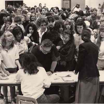 A photo view of movie hopefuls from BHS signing up. 9/18/1992.