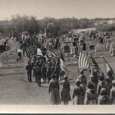 Postcard of parade in cemetery on Elm St Topsham