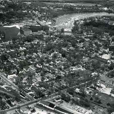 An aerial photo of the Cabot Mill and Androscoggin River. c. 1940