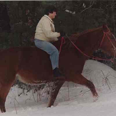 A photo view of a lady riding a horse. 2/16/1988