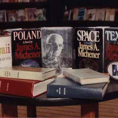 A photo view of books by James A. Michener. 2/2/1990.