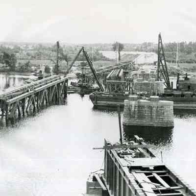 Repairs Underway at the Railroad Bridge, 1936 Flood