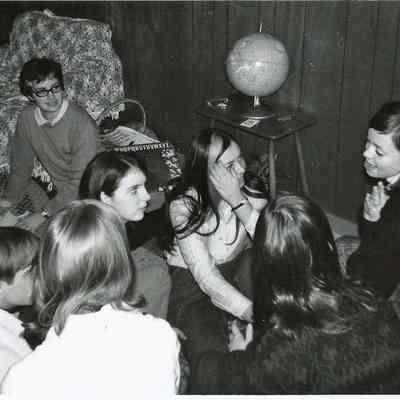 A B/W photograph of Sharon telling us some really fantastic stories (scary)