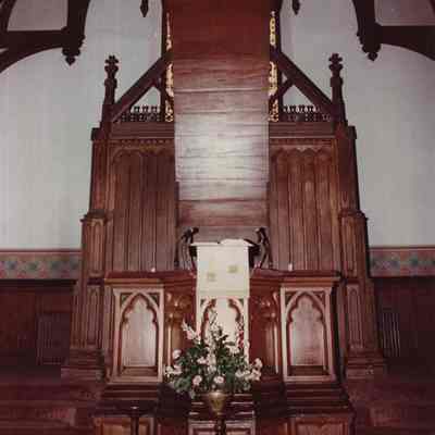 A photo view of the alter at the First Parish Church. 3/9/1990.
