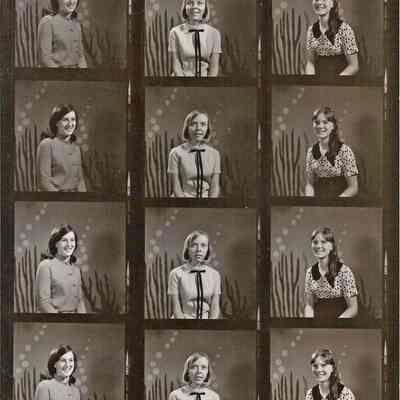 A B/W contact print of various unknown girls.