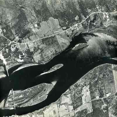 A B/W aerial photograph of an area in the Androscoggin River