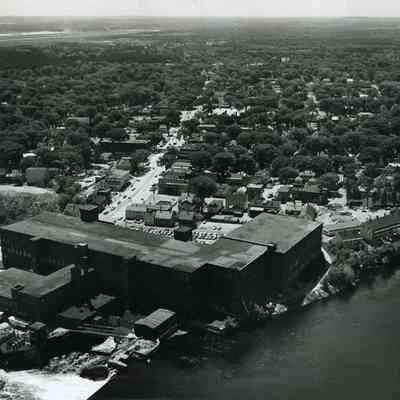 Aerial photo view of the Cabot Mill and downtown Brunswick