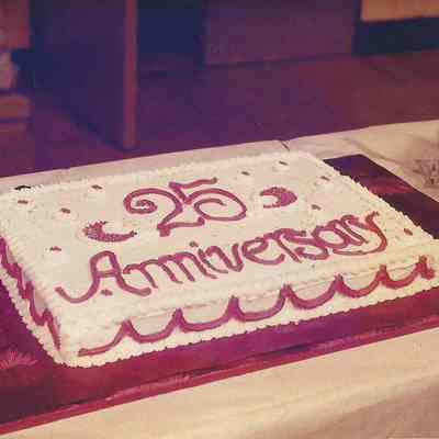 A color photograph of 25th anniversary cake.
