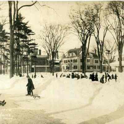 A picture postcard of people skating and sliding on the Mall.