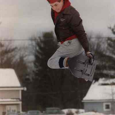 A photo view of a boy skate boarding. 2/22/1990.