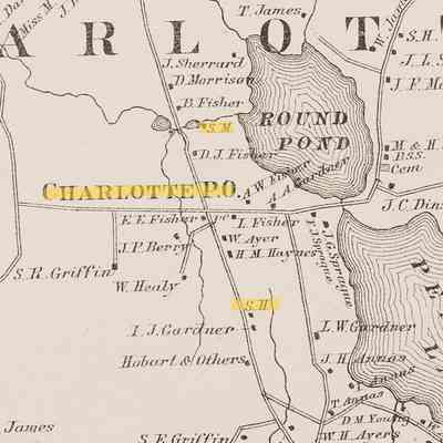Post Office, School house and Sawmill located in Charlotte Maine: Image from Colby's Washington Atlas of 1881.