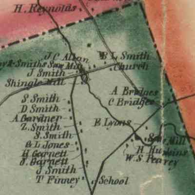 Kilby and Smith's Saw Mill and residences in Marion, Maine in 1861: Detail of the Topographical Map of the County of Washington, Maine, published by Lee and Marsh in New York in 1861.