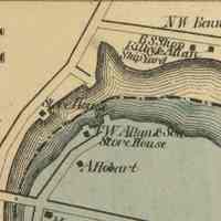          Kilby and Allan Shipyard on the Denys River, 1861; Detail of map of the Dennysville showing the Dennys River  with several of T.W. Allan's enterprises, including the shipyard, with wharves and other buildings on the opposite side of the river in Edmunds, from the Topographical Map of Washington County, published in 1861.
   
